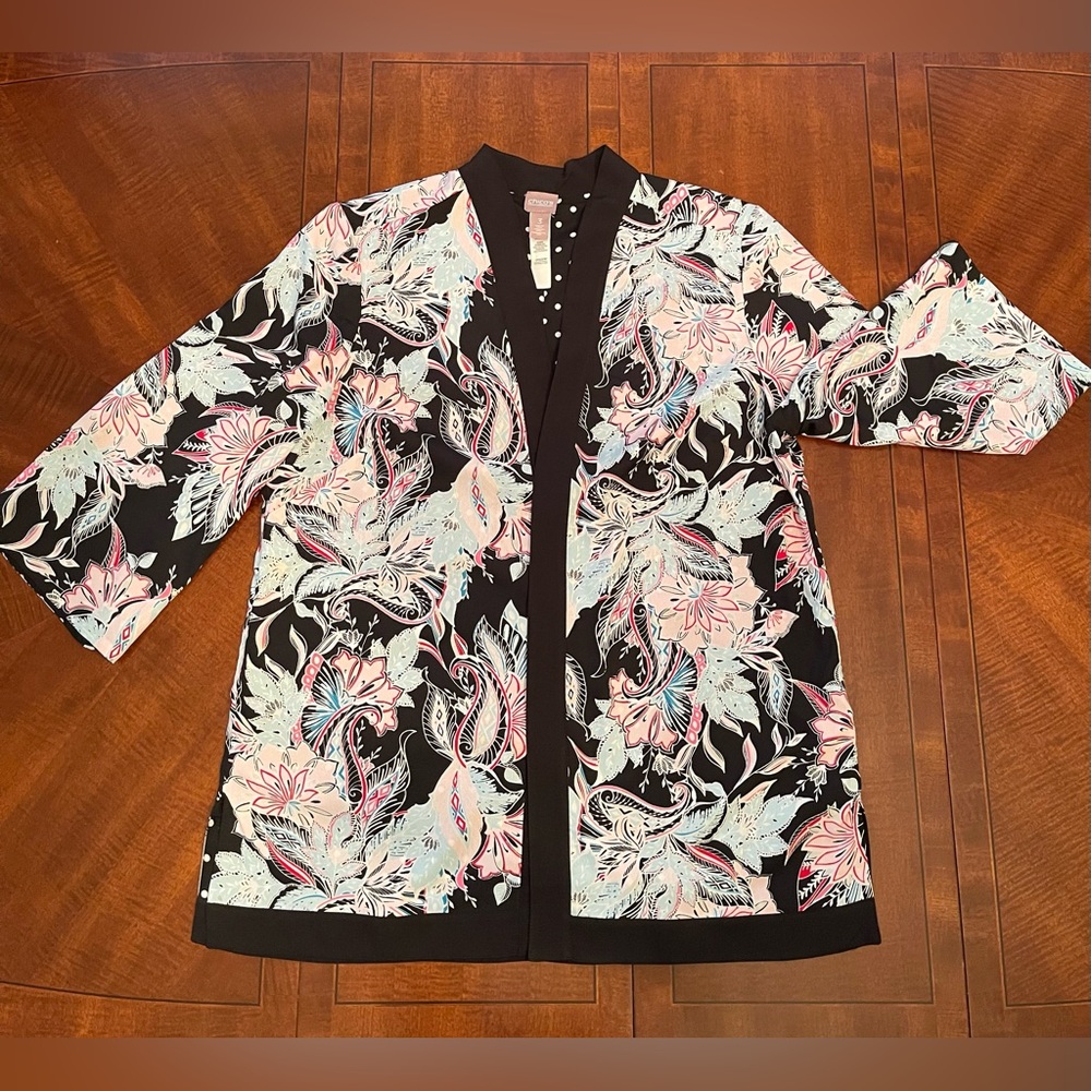 Chico's colorful lightweight Open Front Long Jacket Cardigan Sz 3